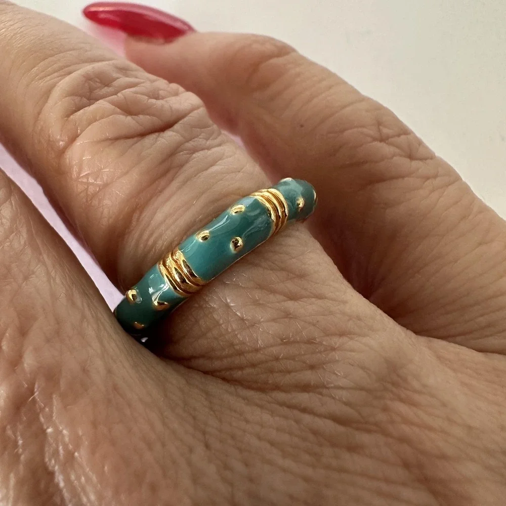 Aqua Blue Green Enamel Gold Tone Band Ring Size 7 Dotted Bamboo Stackable Boho